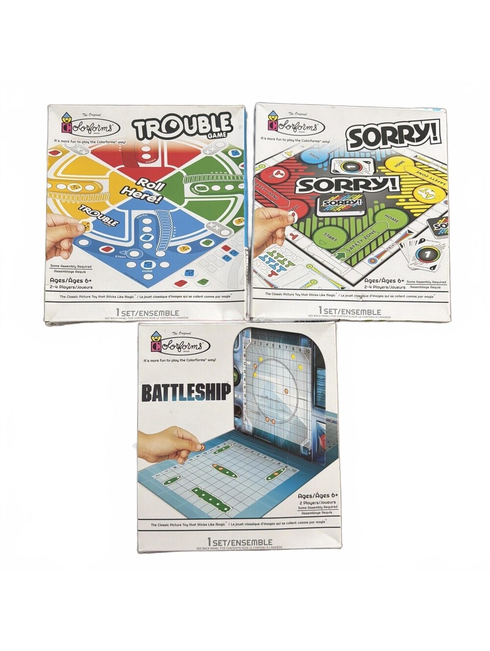 Hasbro Board Game Colorforms Sticker Picture Toy Lot Trouble Sorry Battleship